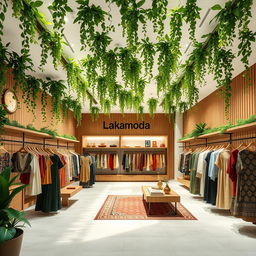 A beautifully designed image of a women's clothing store named 'Lakamoda', featuring vertical gardens on the ceiling, lush green plants adorning the space, and a minimalistic design