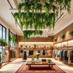 A beautifully designed image of a women's clothing store named 'Lakamoda', featuring vertical gardens on the ceiling, lush green plants adorning the space, and a minimalistic design