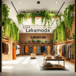 A beautifully designed image of a women's clothing store named 'Lakamoda', featuring vertical gardens on the ceiling, lush green plants adorning the space, and a minimalistic design
