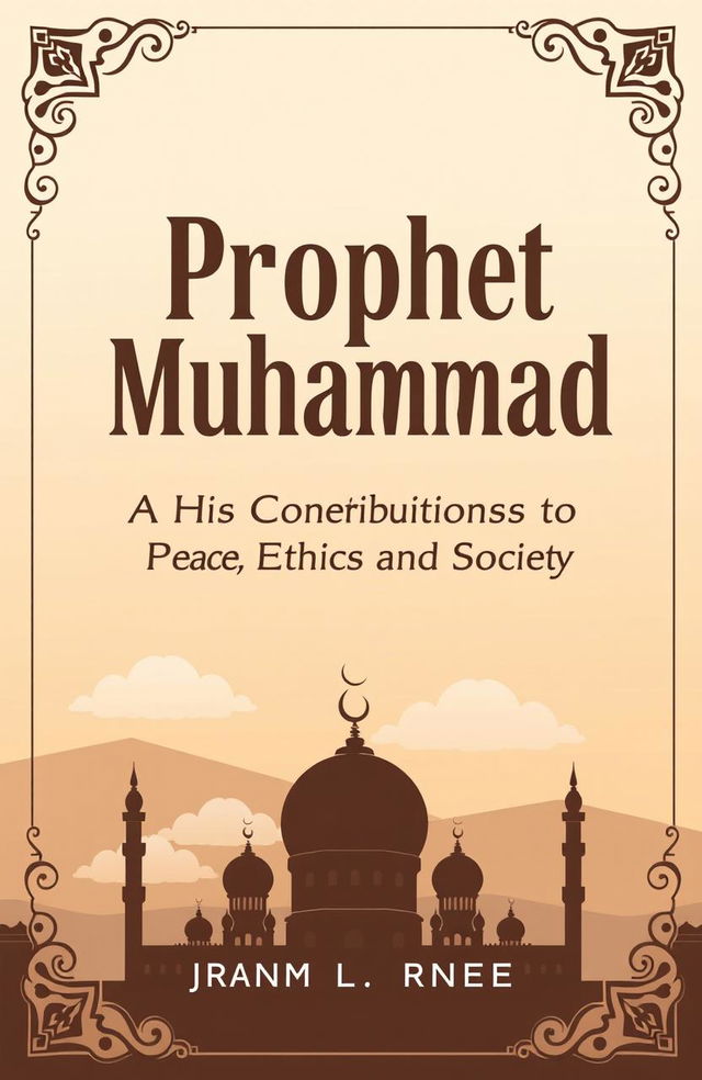 A modern book cover design featuring the title 'Prophet Muhammad: A Historical Evaluation of His Contributions to Peace, Ethics, and Society' in bold, elegant typography