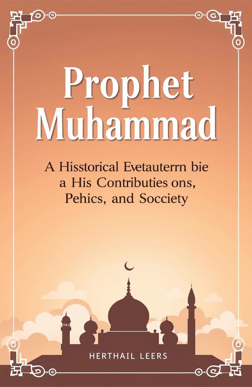 A modern book cover design featuring the title 'Prophet Muhammad: A Historical Evaluation of His Contributions to Peace, Ethics, and Society' in bold, elegant typography