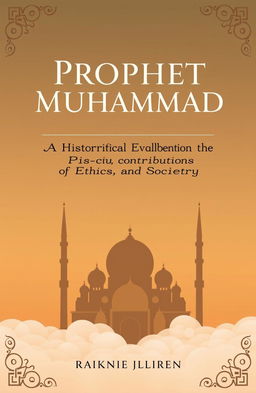 A modern book cover design featuring the title 'Prophet Muhammad: A Historical Evaluation of His Contributions to Peace, Ethics, and Society' in bold, elegant typography