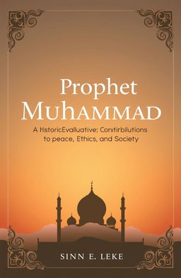 A modern book cover design featuring the title 'Prophet Muhammad: A Historical Evaluation of His Contributions to Peace, Ethics, and Society' in bold, elegant typography