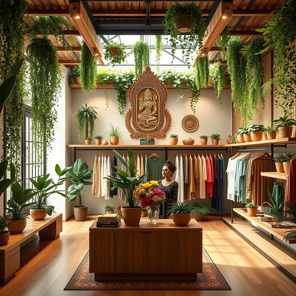 Design the layout and image for a women's clothing boutique named 'Lakamoda', featuring vertical gardens in the ceiling and a complete decoration with plants and wood in a Mexican minimalist style