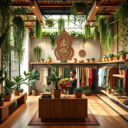 Design the layout and image for a women's clothing boutique named 'Lakamoda', featuring vertical gardens in the ceiling and a complete decoration with plants and wood in a Mexican minimalist style