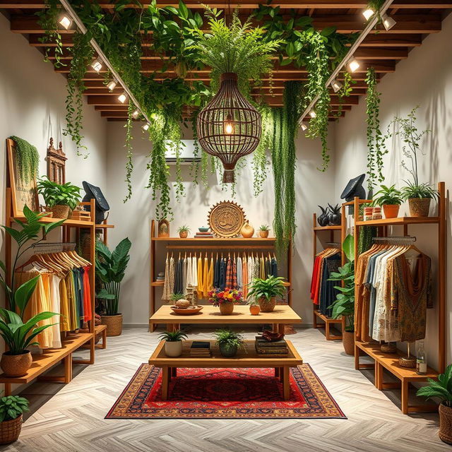 Design the layout and image for a women's clothing boutique named 'Lakamoda', featuring vertical gardens in the ceiling and a complete decoration with plants and wood in a Mexican minimalist style