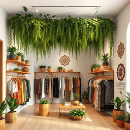 Design the layout and image for a women's clothing boutique named 'Lakamoda', featuring vertical gardens in the ceiling and a complete decoration with plants and wood in a Mexican minimalist style