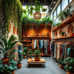 Design the layout and image for a women's clothing boutique named 'Lakamoda', featuring vertical gardens in the ceiling and a complete decoration with plants and wood in a Mexican minimalist style