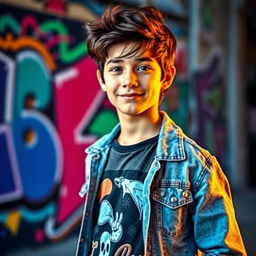 A stylish and modern portrait of a teenage boy with a confident expression, wearing a trendy graphic t-shirt and denim jacket