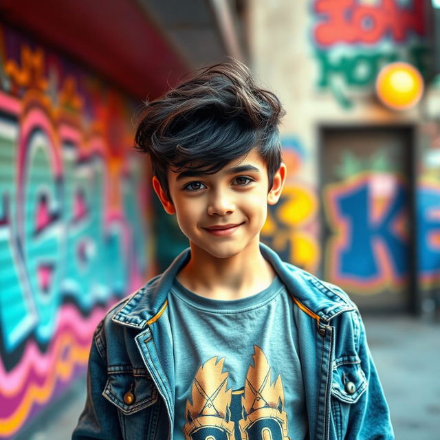 A stylish and modern portrait of a teenage boy with a confident expression, wearing a trendy graphic t-shirt and denim jacket