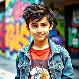 A stylish and modern portrait of a teenage boy with a confident expression, wearing a trendy graphic t-shirt and denim jacket