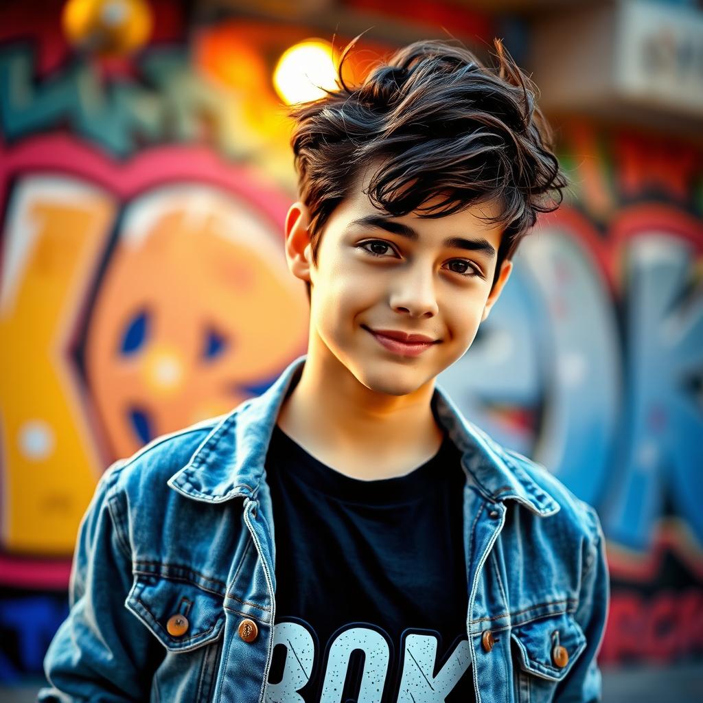 A stylish and modern portrait of a teenage boy with a confident expression, wearing a trendy graphic t-shirt and denim jacket