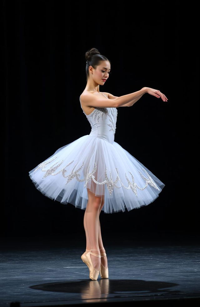 A graceful ballet dancer performing an elegant pirouette on stage, wearing a stunning white tutu adorned with intricate silver sequins