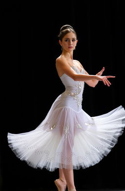 A graceful ballet dancer performing an elegant pirouette on stage, wearing a stunning white tutu adorned with intricate silver sequins