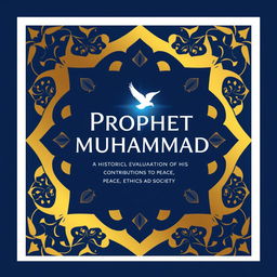 A modern and unique book cover design for the title 'Prophet Muhammad: A Historical Evaluation of His Contributions to Peace, Ethics, and Society'