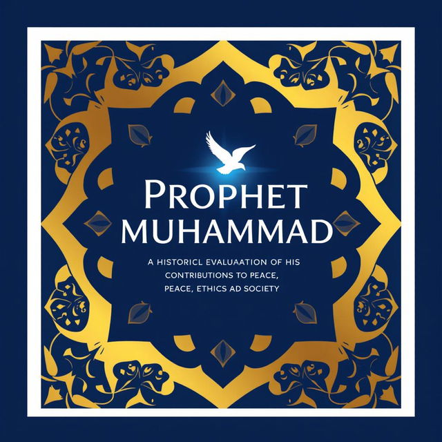 A modern and unique book cover design for the title 'Prophet Muhammad: A Historical Evaluation of His Contributions to Peace, Ethics, and Society'