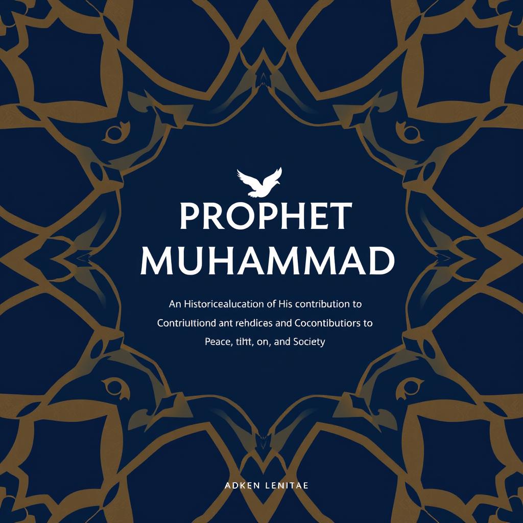 A modern and unique book cover design for the title 'Prophet Muhammad: A Historical Evaluation of His Contributions to Peace, Ethics, and Society'