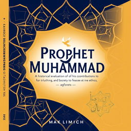 A modern and unique book cover design for the title 'Prophet Muhammad: A Historical Evaluation of His Contributions to Peace, Ethics, and Society'
