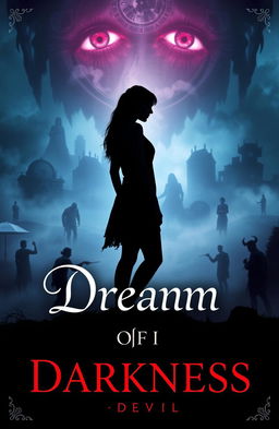 A captivating book cover for 'Dream of Darkness' by Devil, showcasing a silhouette of a young woman named Lily standing at the edge of a dark, misty landscape