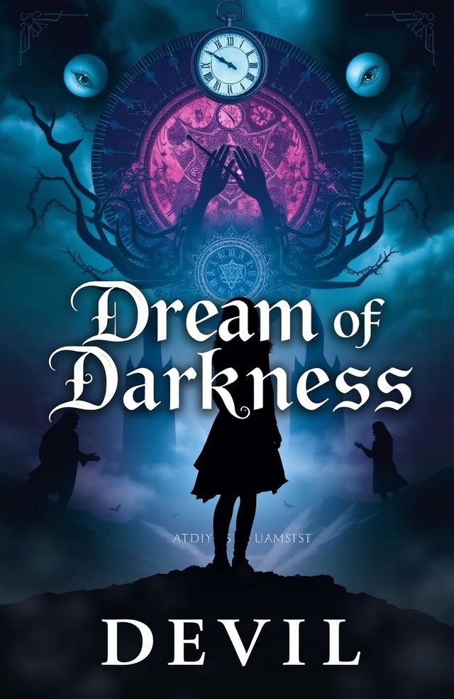 A captivating book cover for 'Dream of Darkness' by Devil, showcasing a silhouette of a young woman named Lily standing at the edge of a dark, misty landscape