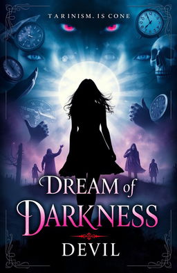 A captivating book cover for 'Dream of Darkness' by Devil, showcasing a silhouette of a young woman named Lily standing at the edge of a dark, misty landscape