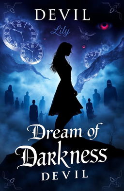 A captivating book cover for 'Dream of Darkness' by Devil, showcasing a silhouette of a young woman named Lily standing at the edge of a dark, misty landscape