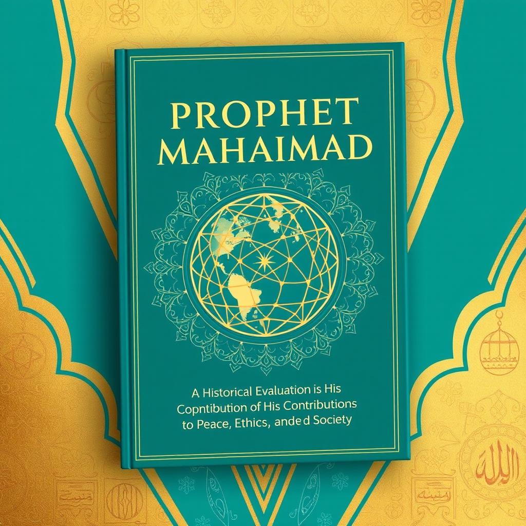 A modern and unique book cover design for 'Prophet Muhammad: A Historical Evaluation of His Contributions to Peace, Ethics, and Society'