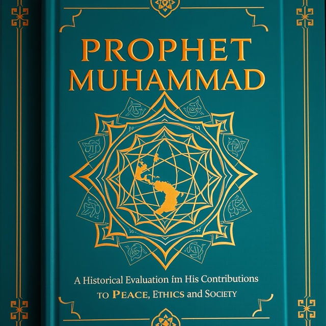 A modern and unique book cover design for 'Prophet Muhammad: A Historical Evaluation of His Contributions to Peace, Ethics, and Society'