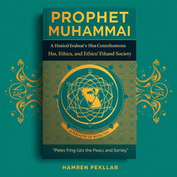 A modern and unique book cover design for 'Prophet Muhammad: A Historical Evaluation of His Contributions to Peace, Ethics, and Society'