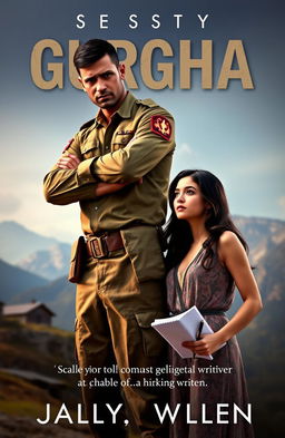 A captivating Wattpad cover featuring a tall, fit, dark and handsome soldier in his military uniform, exuding a grumpy yet intriguing aura