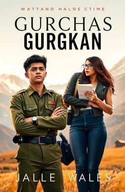 A captivating Wattpad cover featuring a tall, fit, dark and handsome soldier in his military uniform, exuding a grumpy yet intriguing aura