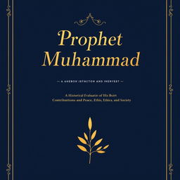 An elegant and modern book cover design for 'Prophet Muhammad: A Historical Evaluation of His Contributions to Peace, Ethics, and Society'