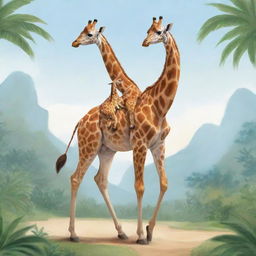 Illustration of a friendly giraffe carrying an adorable child on its back, set in a serene paradise-like setting.