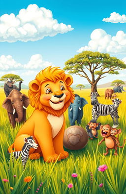 A heartwarming scene depicting a young lion learning the importance of sharing in a vibrant and lush savannah