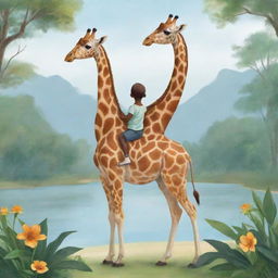 Illustration of a friendly giraffe carrying an adorable child on its back, set in a serene paradise-like setting.