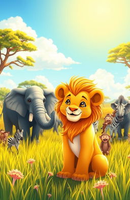 A heartwarming scene depicting a young lion learning the importance of sharing in a vibrant and lush savannah