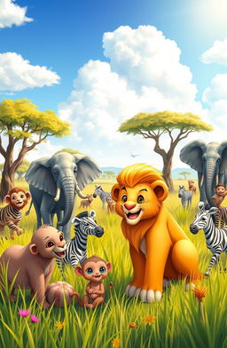 A heartwarming scene depicting a young lion learning the importance of sharing in a vibrant and lush savannah