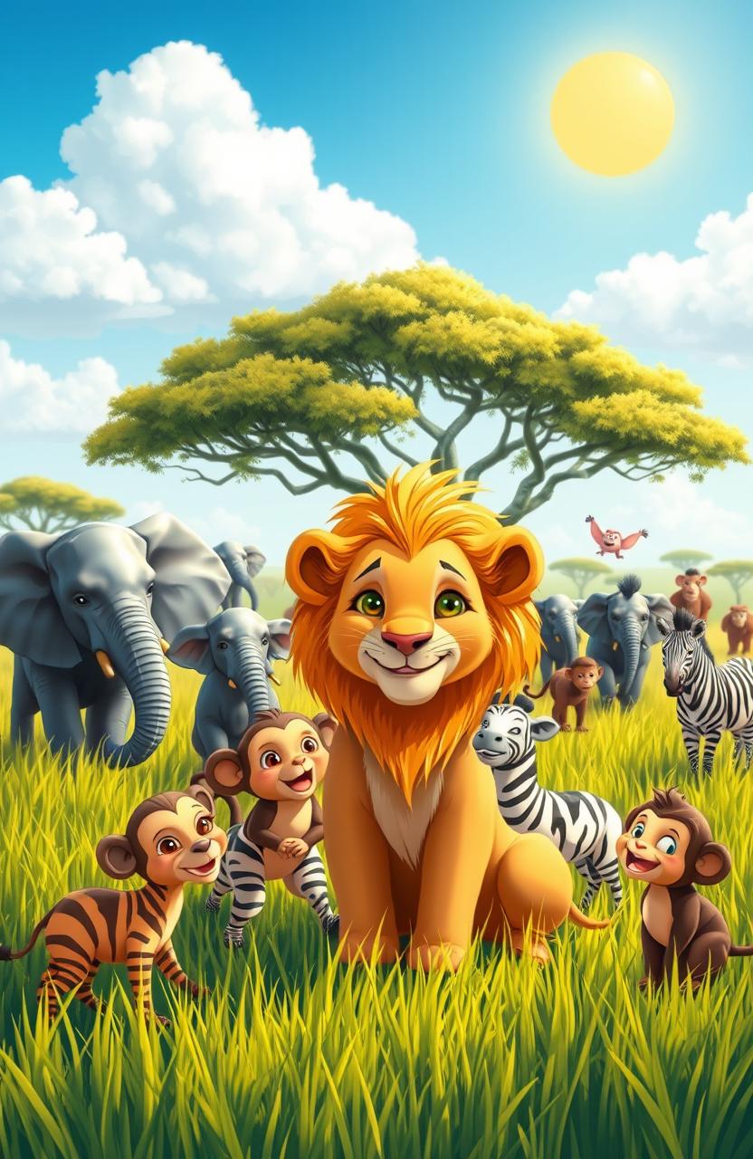 A heartwarming scene depicting a young lion learning the importance of sharing in a vibrant and lush savannah