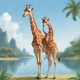 Illustration of a friendly giraffe carrying an adorable child on its back, set in a serene paradise-like setting.