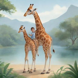 Illustration of a friendly giraffe carrying an adorable child on its back, set in a serene paradise-like setting.