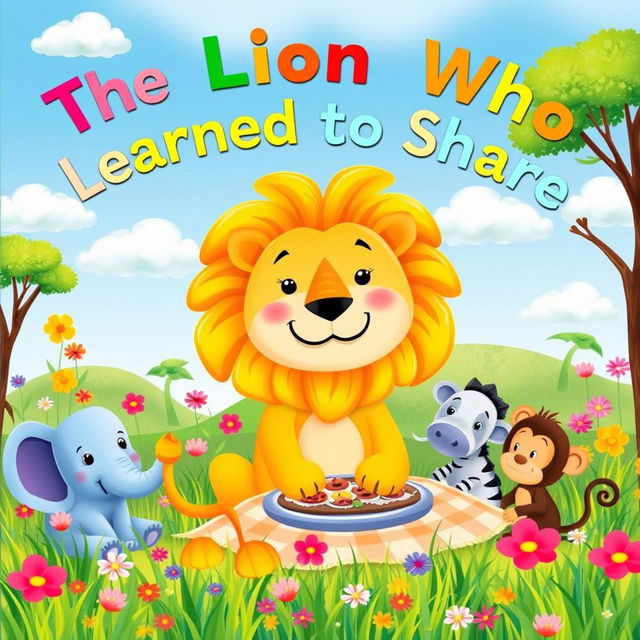 A charming and whimsical cover page for a children's book titled 'The Lion Who Learned to Share'