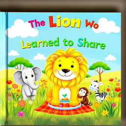A charming and whimsical cover page for a children's book titled 'The Lion Who Learned to Share'