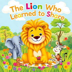 A charming and whimsical cover page for a children's book titled 'The Lion Who Learned to Share'
