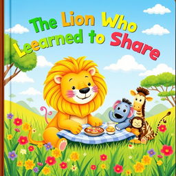 A charming and whimsical cover page for a children's book titled 'The Lion Who Learned to Share'