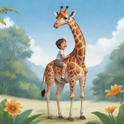 Illustration of a friendly giraffe with an adorable child on its back, set in a serene paradise-like setting.