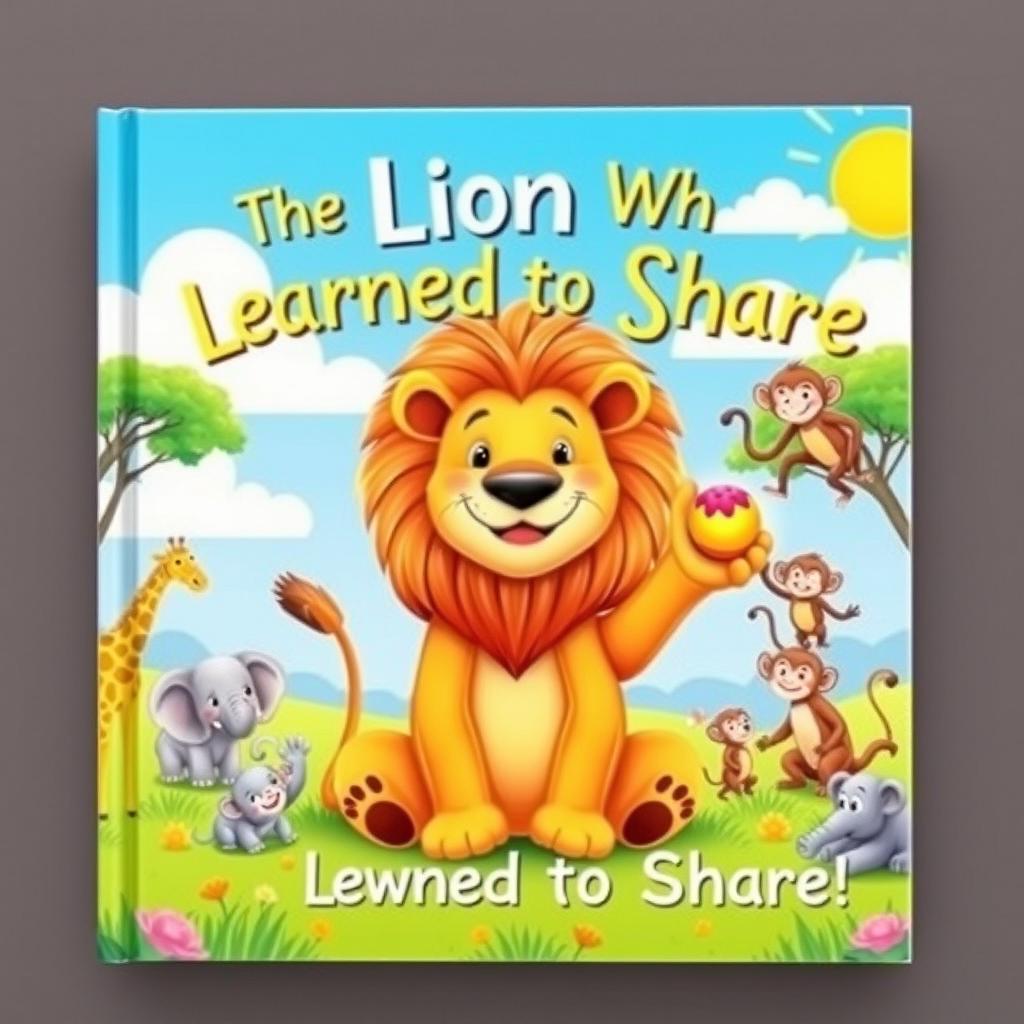 A heartwarming cover image for a children's story titled 'The Lion Who Learned to Share'