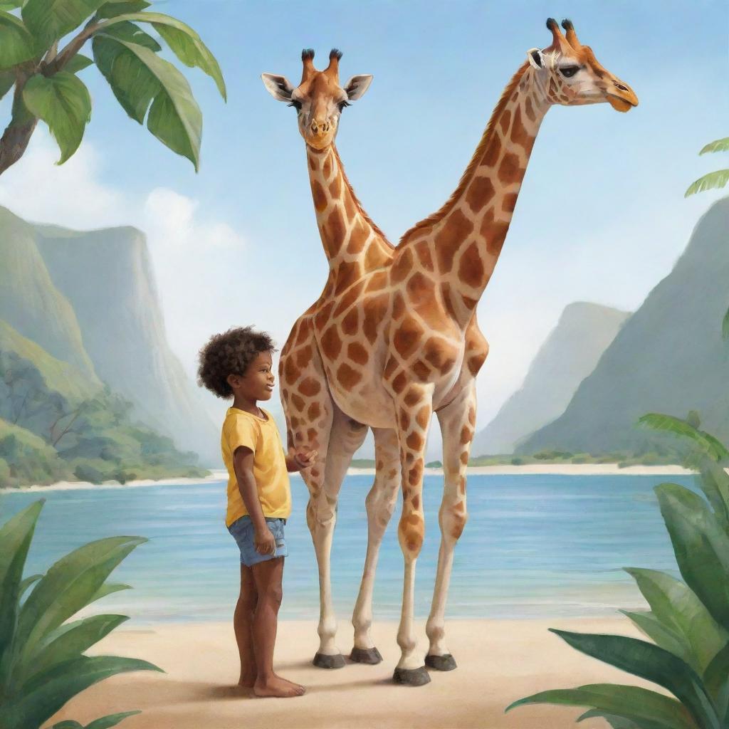 Illustration of a friendly giraffe with an adorable child on its back, set in a serene paradise-like setting.