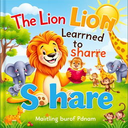 A heartwarming cover image for a children's story titled 'The Lion Who Learned to Share'