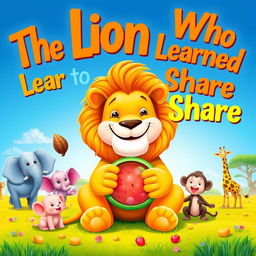 A heartwarming cover image for a children's story titled 'The Lion Who Learned to Share'