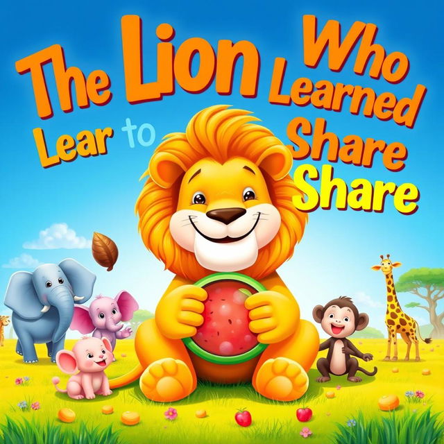 A heartwarming cover image for a children's story titled 'The Lion Who Learned to Share'